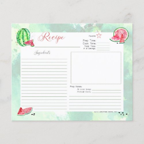 Watermelon  Slices Recipe Card Sheet