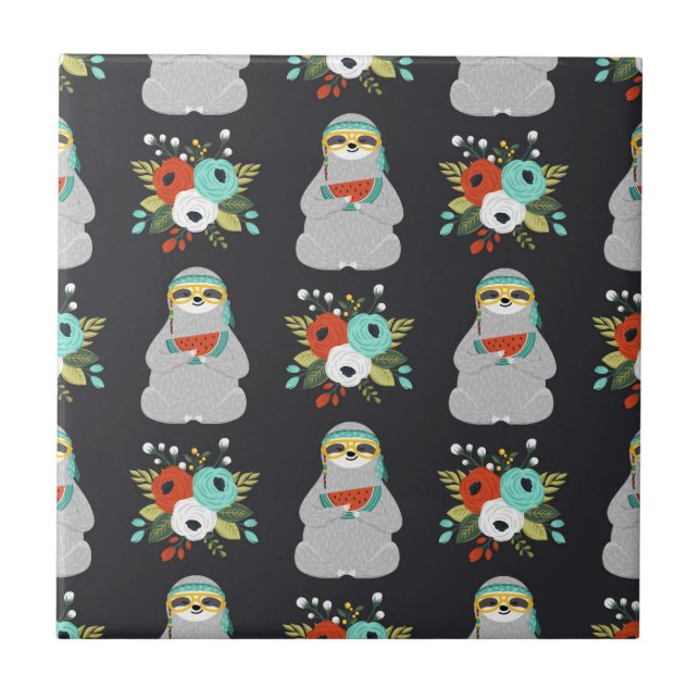 Watermelon Sloth Pattern Ceramic Tile (Front)