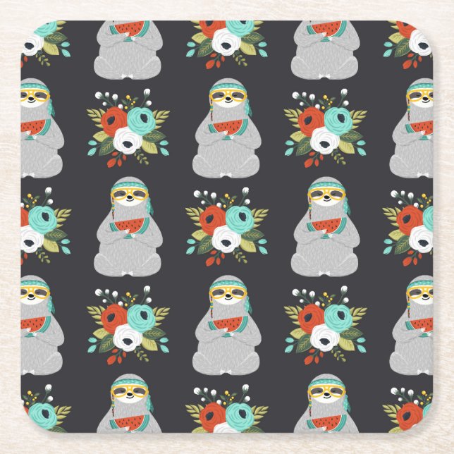 Watermelon Sloth Pattern Square Paper Coaster (Front)