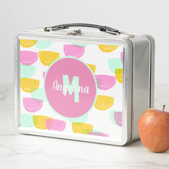 Watermelon Stamps Bright Colorful Monogrammed Metal Lunch Box (In Situ)