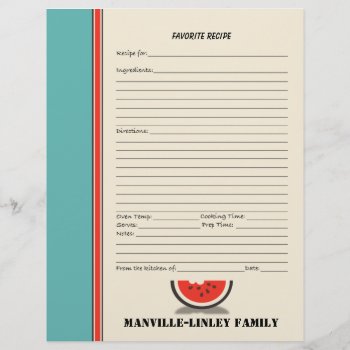 Watermelon Stripe Custom Recipe Page by FamilyTreed at Zazzle