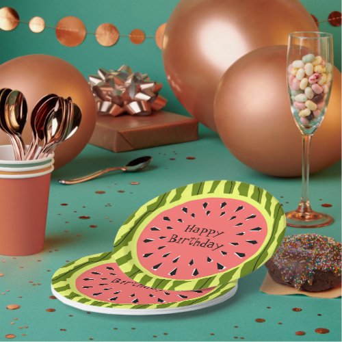 Watermelon Stripe Pink Happy Birthday paper plates