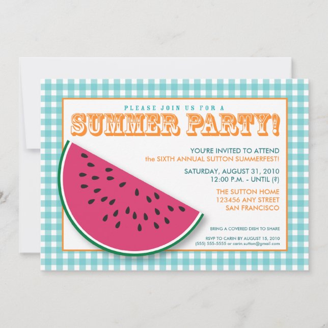 Watermelon Summer Cookout/BBQ Invitation (aqua) (Front)