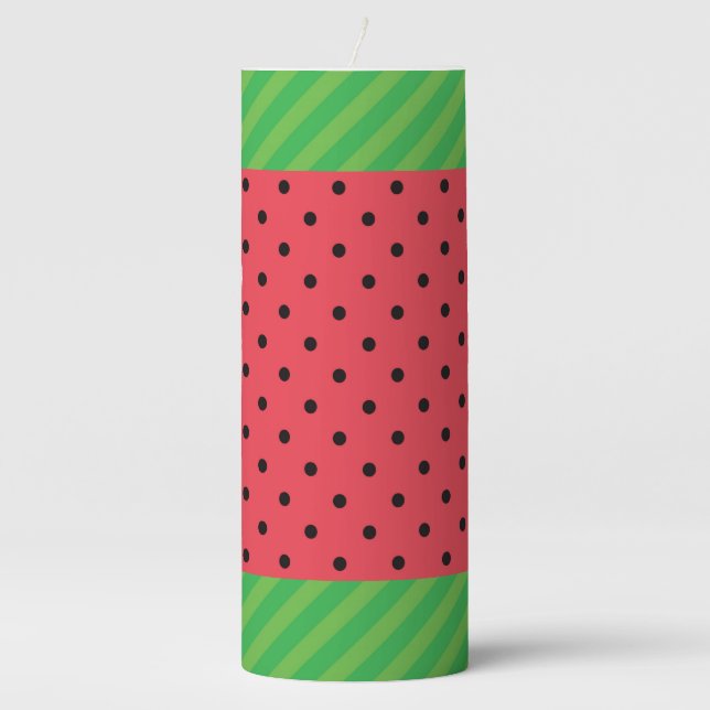 Watermelon summer fruit green pink/black dots  pillar candle (Front)