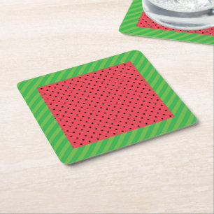 Watermelon summer fruit green, pink/black food square paper coaster