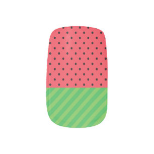 Watermelon summer fruit green, pink/black polka minx nail art