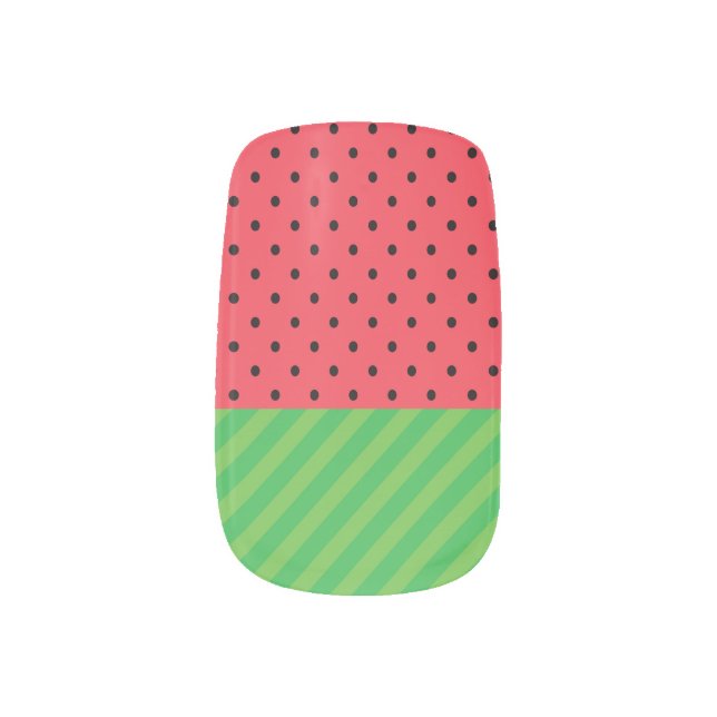 Watermelon summer fruit green, pink/black polka  minx nail art (Left Thumb)