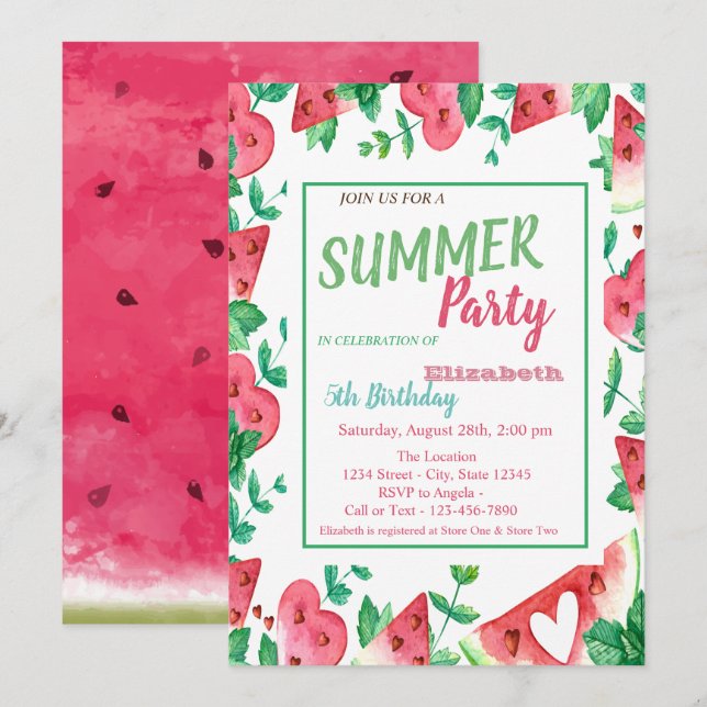 Watermelon,Summer Party Birthday  Invitation (Front/Back)
