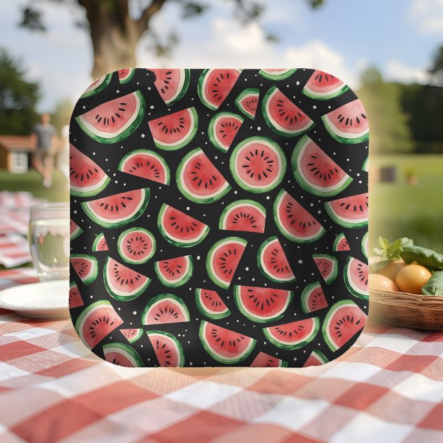 Watermelon Summer Party Juicy Watercolor On Black Paper Plates (Summer party paper plates with watercolor watermelon slices on black with stars for backyard BBQ)