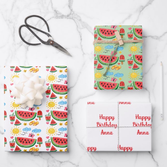Watermelon Summer them Birthday  Wrapping Paper Sheets (Front)