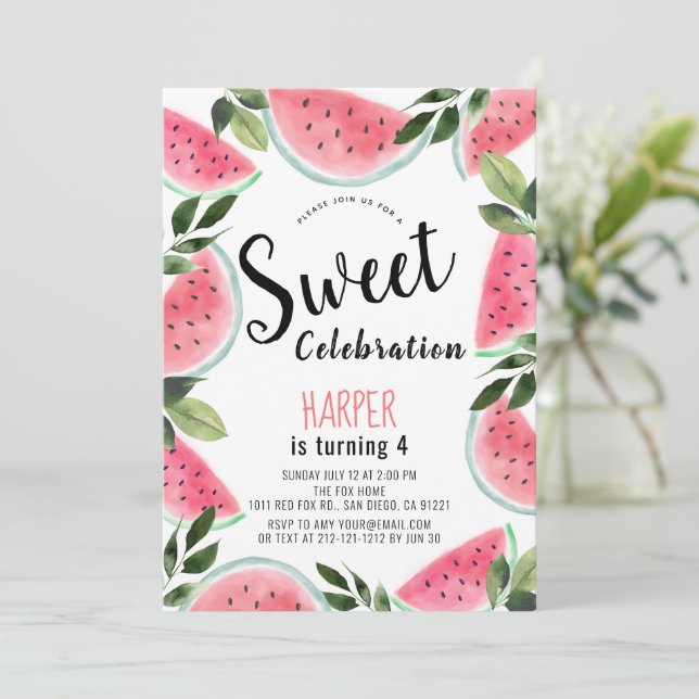 Watermelon Sweet Celebration Watercolor Birthday Invitation (Standing Front)