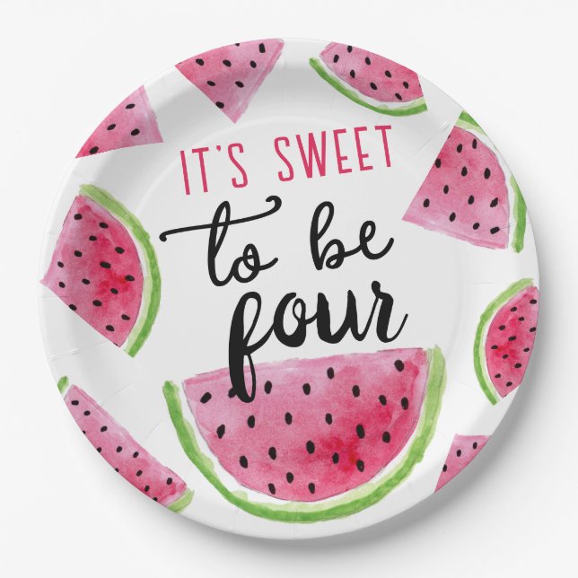 Watermelon Sweet to Be Four Birthday Party Paper Plates (Front)