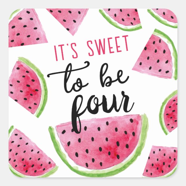 Watermelon Sweet to Be Four Birthday Party Square Sticker (Front)