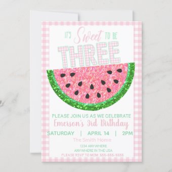 Watermelon, Sweet to be three, girls Glitter Invitation | Zazzle