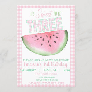 Watermelon, Sweet to be three, girls watercolor Invitation