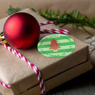 Watermelon Tree Christmas in July Green Stripe Classic Round Sticker