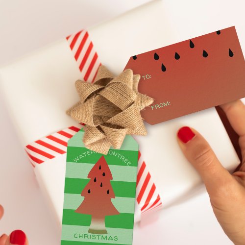 Watermelon Tree Christmas in July Green Stripe  Gift Tags