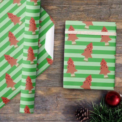 Watermelon Tree Christmas in July Green Striped Wrapping Paper