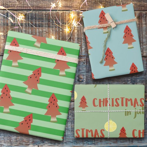 Watermelon Tree Stripe Christmas In July Trio Wrapping Paper Sheets