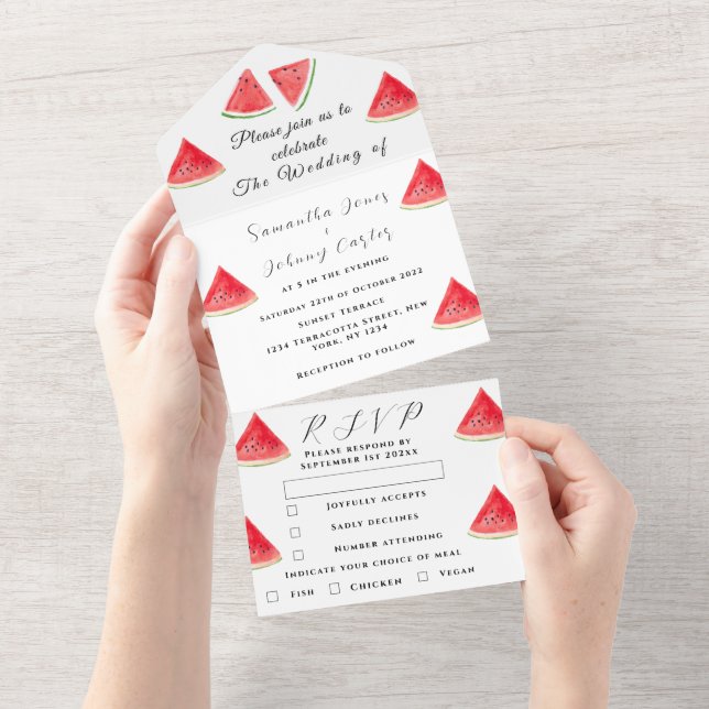Watermelon Tropical Fruit Cute Rustic Wedding All In One Invitation (Tearaway)
