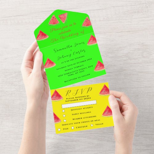 Watermelon Tropical Fruit Trendy Neon Wedding All In One Invitation