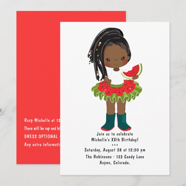 Watermelon Tutu American Black Girl Birthday Party Invitation (Front/Back)