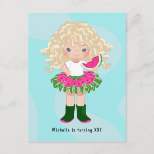 Watermelon Tutu American Blonde Girl Birthday Postcard