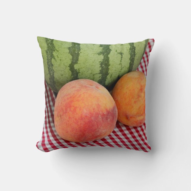 Watermelon & Two Peaches Gingham Throw Pillow (Front)