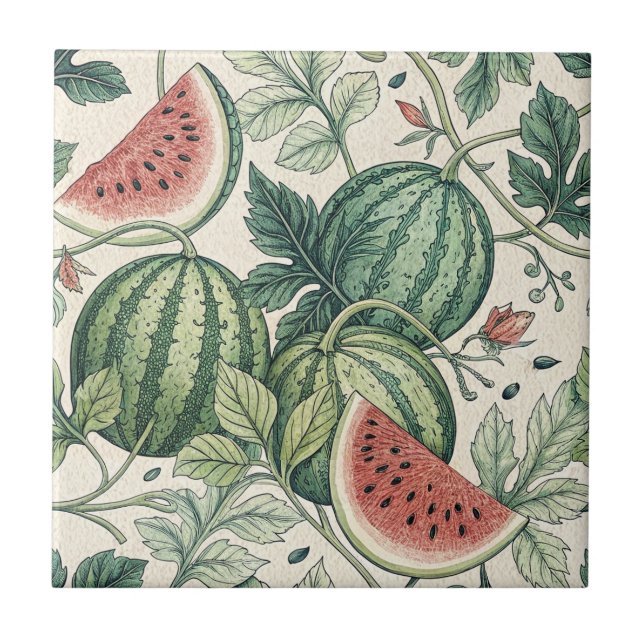 Watermelon vintage botanicals seamless pattern ceramic tile (Front)