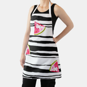 Watermelon Wedges on Black Stripe White Pattern Apron