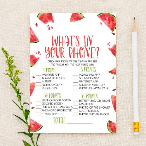 Watermelon Whats In Your Phone Baby Shower Game Stationery