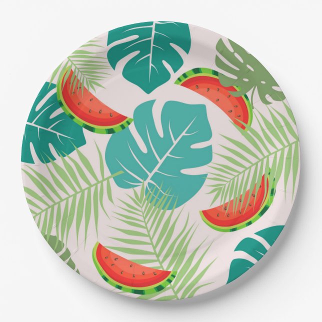 Watermelons and Tropical Leaves Paper Plates (Front)