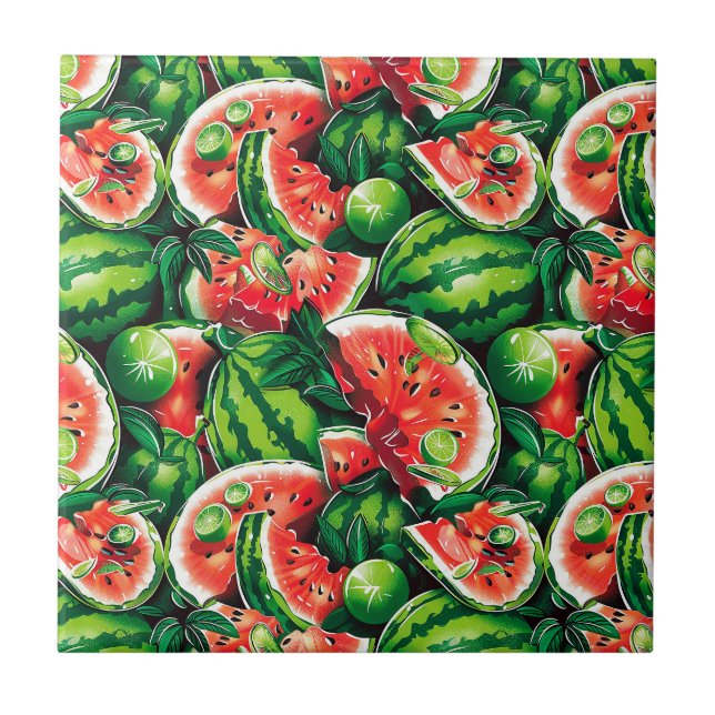 Watermelons, lime, watermelon leaves, small lime f ceramic tile (Front)