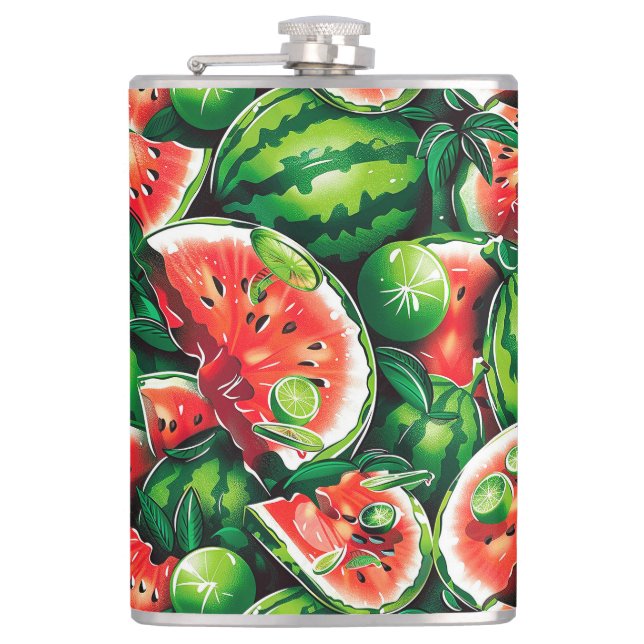 Watermelons, lime, watermelon leaves, small lime f flask (Front)