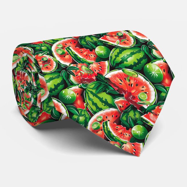 Watermelons, lime, watermelon leaves, small lime f neck tie (Rolled)