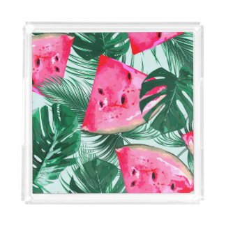 Watermelons, palm leaves: tropical seamless patter acrylic tray