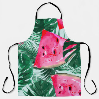 Watermelons, palm leaves: tropical seamless patter apron