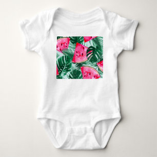 Watermelons, palm leaves: tropical seamless patter baby bodysuit