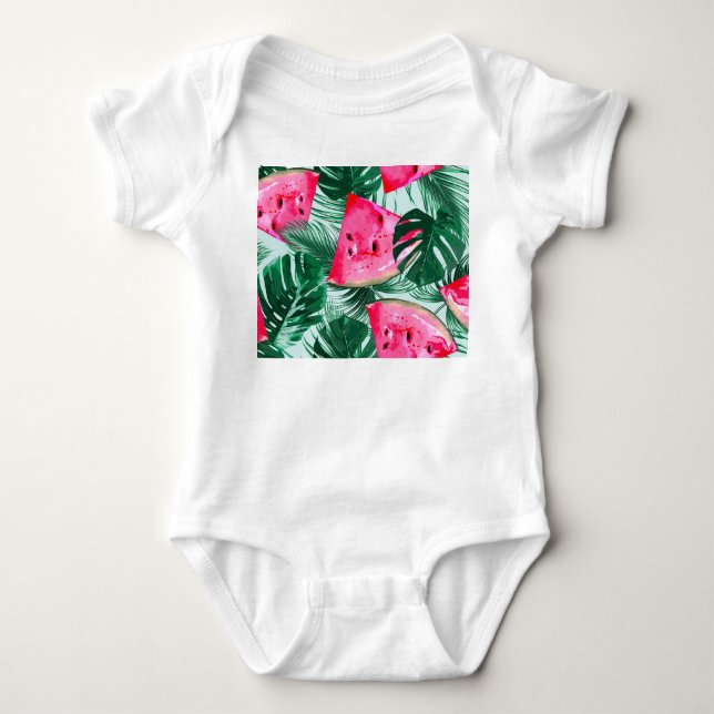 Watermelons, palm leaves: tropical seamless patter baby bodysuit (Front)