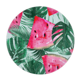 Watermelons, palm leaves: tropical seamless patter cutting board