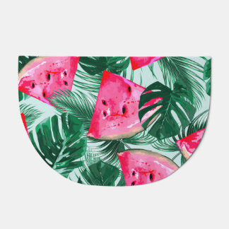 Watermelons, palm leaves: tropical seamless patter doormat