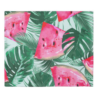 Watermelons, palm leaves: tropical seamless patter duvet cover