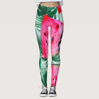 Watermelons, palm leaves: tropical seamless patter leggings