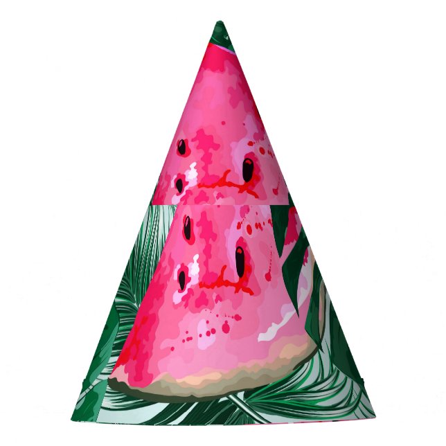 Watermelons, palm leaves: tropical seamless patter party hat (Front)