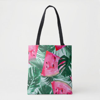 Watermelons, palm leaves: tropical seamless patter tote bag