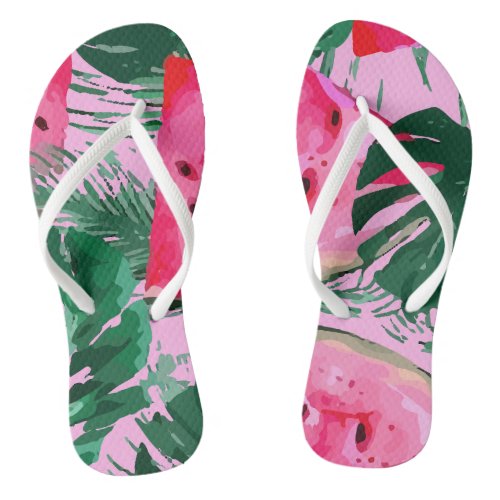 Watermelons Tropical Palm Leaves Seamless Flip Flops