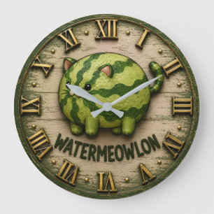 Watermeowlon Funny Cat Watermelon Cute Pun Cat Art Large Clock