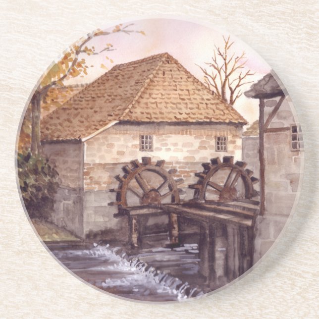 Watermill Watercolor Painting by Farida Greenfield Drink Coaster (Front)