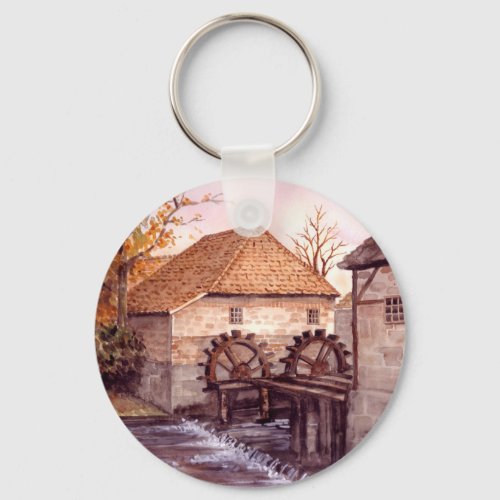 Watermill Watercolor Painting by Farida Greenfield Keychain