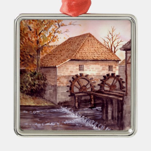 Watermill Watercolor Painting by Farida Greenfield Metal Ornament